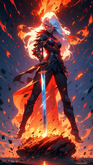 1woman, black knight warrior, fantasy sword, holding sword, sword glowing, hair glowing, white hair, long hair, past_the_waist with bangs, big breasts, perfect body, perfect legs, perfect feet, perfect arms, barefoot, light_red_eyes, full lips, full_body,perfecteyes,weapon,EpicSky