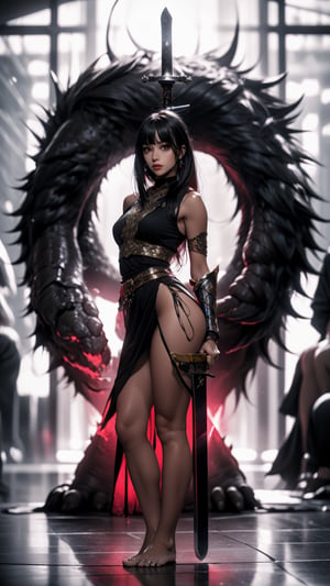 One woman, black knight warrior, fantasy sword, holding sword, sword glowing, black hair, long hair, past_the_waist with bangs, perfect body, perfect legs, perfect feet, perfect arms, perfect hands, barefoot, light_red_eyes, full lips, ((full_body)),midjourney,perfecteyes