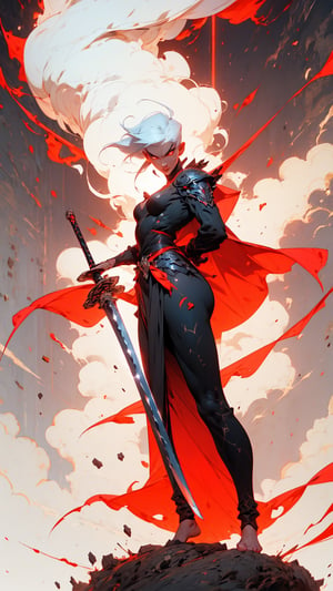 1woman, black knight warrior, fantasy sword, holding sword, sword glowing, hair glowing, white hair, long hair, past_the_waist with bangs, big breasts, perfect body, perfect legs, perfect feet, perfect arms, barefoot, light_red_eyes, full lips, full_body,perfecteyes,weapon,EpicSky,cloud,sword