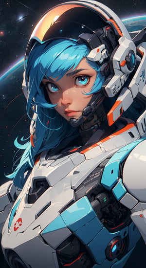 One females, blue hair, black-hair, straight_hair, long_hair, cybernetic body, cyborg eyes, ((solo)), helmet, outer_space, inside of a Mecha 