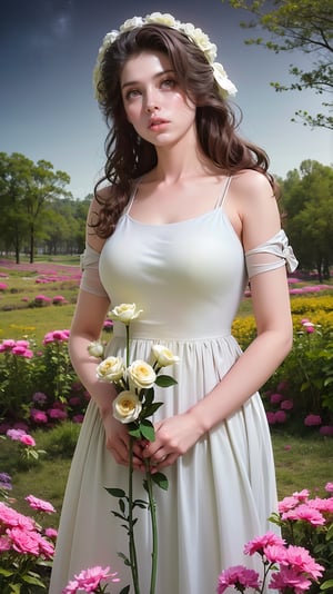 Photo of a woman with a perfect face, dress, soft color, dreamlike, surrealism, outdoors, complex background night sky and flowers, intricate details. Art in pop surrealism lowbrow cute style. Inspired by Ray Caesar. opaque colors, indirect lighting. realistic, character,
