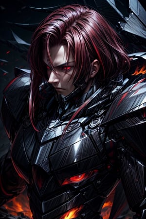 (masterpiece), ((best artwork)), (hdr: 1.2), (cinematic: 1.2), (realistic artwork: 1.2), expressionless adult male, bathe in sea of dark red flames, crimson red eyes, black hair with a red streaks, short messy hairstyle, he donned in full dark armour, dark aura, sharp gauntlets, nighttime, black moon, (dark theme), (lean muscular body), (resolution: high), (eye detail: high), (hair detail: high), (face detail: high), (graphic: ultra),mecha musume,Projectile cum