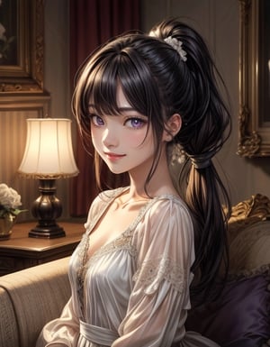 (greatest artwork), (cinematic), (Hdr Quality), (intricate detail art), (detailed drawing), (great colour), a young adult male, isometric view, bright purple eyes, long hair, styled in low pony tail, black hair, white night gown, happy face, smile, sat on sofa, inside a well-decorated room, night lights, 1 vase white flower, 1 night lamp, 1 window, lean petite body, (high resolution), (high detailed face), (high detailed eyes), (high detailed body),1 girl