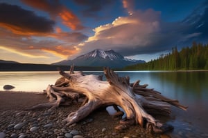 Mountain background, lake foreground, Rocky beach, driftwood, dark cumulonimbus clouds, rule of thirds, masterpiece, best quality 