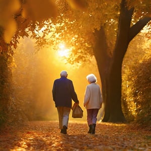 Elderly couple, walking in a rural park, autumn_leaves, sunset, from_behind