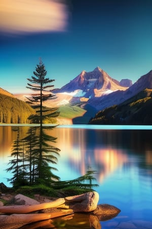 Mountain background, lake foreground, rule of thirds, masterpiece, best quality 