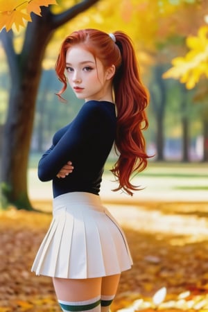 1girl, nubile, ((topless)), white pleated skirt, short skirt, low-rise skirt, knee high socks, small chest, ((redhead)), long hair,(thick wavy hair with high ponytail:1.3), freckles, light theme, soothing tones, standing in a park with trees, autumn trees, fall colors, red and yellow leaves, colorful background, high contrast, (natural skin texture, hyperrealism, soft light, sharp)