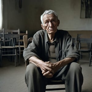 Portrait, Old man, weathered skin, grey_hair, seated, two chairs, hands clasped, deep wrinkles, empty room, sad eyes