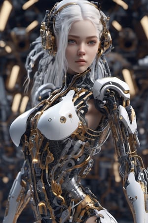 cyborg style, cyborg, 3d style,3d render,cg,beautiful, (1girl, looking at viewer,close up), white hair, long braid, brown eyes, cyborg , mechanical limbs,cute gloves, dancing, dynamic pose, metalic parts,golden parts, Reflections on metal
