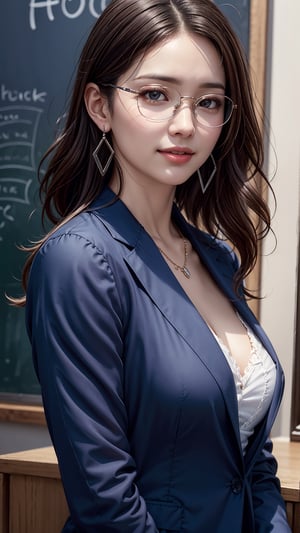 best quality,masterpiece,photorealistic,highly detailed,a portrait of 1 beautiful teacher,asian girl,in her 20s,attractive smile,wearing a casual business jacket,glasses,earrings,medium-sized breasts,beauttiful detailed faces,beautiful detailed eyes,realistic detailed skin texture,light-brown wavy hair,detailed hair,in front of a blackboard,sharp focus,xxmix_girl,high_school_girl,fantasy_princess