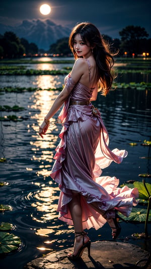 At the peaceful lotus pond, basked in the gentle moonlight, a girl appears, draped in a (figure-hugging:1.3) pink gown. Accentuated by a delicate waist belt and sparkling (jewelry:1.3), her attire features (layered skirts that gracefully flow:1.2), reminiscent of the lotus petals. Her (flowing locks:1.3) dance in the air, echoing the movements of the serene lotus leaves. The moonlight reflects upon the blooming lotus flowers, creating a scene of ethereal beauty. With a radiant smile, (high-heeled shoes:1.2), the girl emanates joy, as if she embodies the vibrant spirit of the lotus pond,perfecteyes