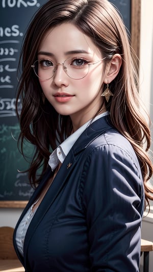 best quality,masterpiece,photorealistic,highly detailed,a portrait of 1 beautiful teacher,asian girl,in her 20s,attractive smile,wearing a casual business jacket,glasses,earrings,medium-sized breasts,beauttiful detailed faces,beautiful detailed eyes,realistic detailed skin texture,light-brown wavy hair,detailed hair,in front of a blackboard,sharp focus,xxmix_girl,high_school_girl,fantasy_princess