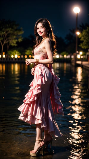 At the peaceful lotus pond, basked in the gentle moonlight, a girl appears, draped in a (figure-hugging:1.3) pink gown. Accentuated by a delicate waist belt and sparkling (jewelry:1.3), her attire features (layered skirts that gracefully flow:1.2), reminiscent of the lotus petals. Her (flowing locks:1.3) dance in the air, echoing the movements of the serene lotus leaves. The moonlight reflects upon the blooming lotus flowers, creating a scene of ethereal beauty. With a radiant smile, (high-heeled shoes:1.2), the girl emanates joy, as if she embodies the vibrant spirit of the lotus pond,perfecteyes