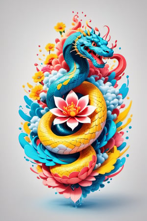 colorfull cloud, flower splash, water splash, nature, snake, Leonardo Style,oni style,3d style, solid color, vector style, illustration,vector art,3d