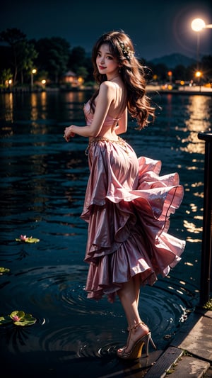 At the peaceful lotus pond, basked in the gentle moonlight, a girl appears, draped in a (figure-hugging:1.3) pink gown. Accentuated by a delicate waist belt and sparkling (jewelry:1.3), her attire features (layered skirts that gracefully flow:1.2), reminiscent of the lotus petals. Her (flowing locks:1.3) dance in the air, echoing the movements of the serene lotus leaves. The moonlight reflects upon the blooming lotus flowers, creating a scene of ethereal beauty. With a radiant smile, (high-heeled shoes:1.2), the girl emanates joy, as if she embodies the vibrant spirit of the lotus pond,perfecteyes