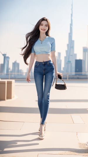 (8k, best quality, masterpiece:1.2), (realistic, photo-realistic:1.37), ultra-detailed, beautiful girl, playing in Dubai, Dubai Tower in the background, blue sky, realistic lighting, (full body:1.3), (cute smile:1.1), (detailed eyes:1.2), (long hair:1.2), (hair in the wind), (midriff:1.1), (skinny jeans), (tourist outfit), (colorful),Detailedface,Detailedeyes,1 girl