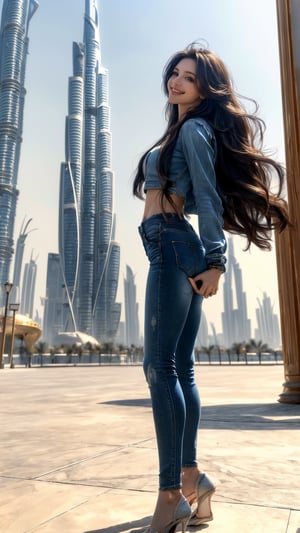 (8k, best quality, masterpiece:1.2), (realistic, photo-realistic:1.37), ultra-detailed, beautiful girl, playing in Dubai, Dubai Tower in the background, blue sky, realistic lighting, (full body:1.3), (cute smile:1.1), (detailed eyes:1.2), (long hair:1.2), (hair in the wind), (midriff:1.1), (skinny jeans), (tourist outfit), (colorful),1 girl