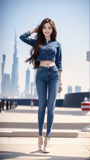 (8k, best quality, masterpiece:1.2), (realistic, photo-realistic:1.37), ultra-detailed, beautiful girl, playing in Dubai, Dubai Tower in the background, blue sky, realistic lighting, (full body:1.3), (cute smile:1.1), (detailed eyes:1.2), (long hair:1.2), (hair in the wind), (midriff:1.1), (skinny jeans), (tourist outfit), (colorful),Detailedface,Detailedeyes,1 girl