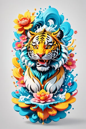 colorfull cloud, flower splash, water splash, nature, Chinese tiger Leonardo Style,oni style,3d style, solid color, vector style, illustration,vector art,3d