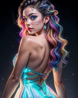 ((masterpiece, best quality, highres:1.2)) centered, close up, 1girl, young, multicolored haire, flowing hair, long hair, glossy lips, crazy smale, glowing multicolored eyes, looking at the camera, dual tone light source, colorful set, back light, body up, make up, glow sparkle, light summer dress, wite dress, water drops in skin,