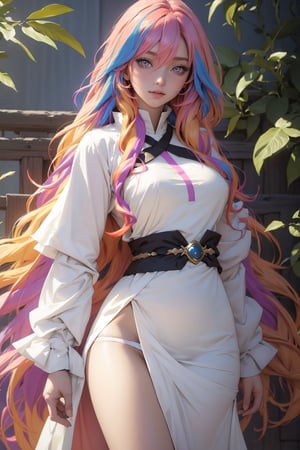 professional photo of hhijiri byakuren, (multicolored hair:1.2), long hair, yellow eyes, cape, layered dress, long sleeves, white panties, detailed skin, detailed eyes, finely detailed hair, volumetric light, highrez, masterpiece, best quality, 