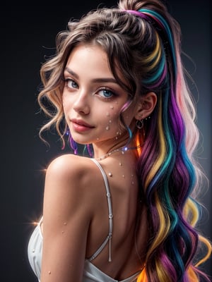 ((masterpiece, best quality, highres:1.2)) centered, close up, 1girl, young, multicolored haire, flowing hair, long hair, glossy lips, crazy smale, glowing multicolored eyes, looking at the camera, dual tone light source, colorful set, back light, body up, make up, glow sparkle, light summer dress, wite dress, water drops in skin,