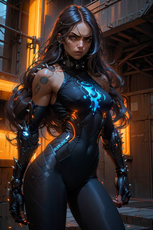 (1 girl, alternative hair color, absurdly long hair, half hair, brown eyes, , angry look) (digital), (mechanical blue hands, t-shirt, tight tights, spiked collar, glowing))) , best quality, mechanical arms, glowing, powerarm, ,edgJumpsuit