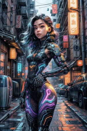 manga, cybernetic gangster girl, full-length, (masterpiece, best quality, sci-fi, absurd, concept art), medium frame, woman's hair made of thin multicolored neon threads:1.5), (long thin hair made of multicolored neon threads flowing down her body), style hip-hop cyberpunk style,  rain background, swag medium-sized breasts, athletic body, wide hips, narrow small waist, looking at the viewer intricately:1, detailed light:1.2, high resolution CG, dynamic perspective, girl looking at the viewer, camera gaze goes from bottom to top ,SAM YANG,3DMM,yofukashi background,(EnergyVeins:1.4),city,night,march 7th \(honkai: star rail\),Niji Kei