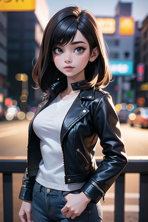 centered, award winning upper body digital art, (hyperelistic shadows), masterpiece, | korean, tight blue jean, open leather jacket, | city, sea, bokeh, blurred background, depth of field,SAM YANG,3DMM