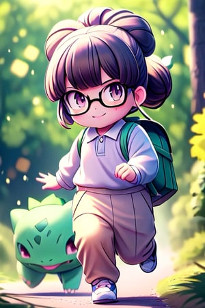 A girl runnig with a bulbasaur, young gir running side by side with bulbasaur, bulbasaur running, detailed bulbasaur, centered, award winning photo, (looking at viewer:1.2), 5year, girl, child body, kid body, no breasts, brown eyes, purple glases, brown hair, ponytail hair, pink backpack chibi, dark blue polo shirt, beige pant, long pant, uniform, dinamic pose, running to the camera, full body, forrest background, 8k, masterpiece, Bulbasaur_Pokemon | bokeh, depth of field, cinematic composition, |,Bulbasaur_Pokemon