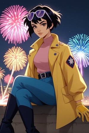 score_9,score_8_up,score_7_up, solo, 1girl, 18 y.o, very short hair, black hair, brown eyes, simple pink shirt, open yellow coat, blue short pants, black belt, yellow gloves, blue long boots, purple shades on head, fireworks in the background, rating_safe, joinTheEvolution