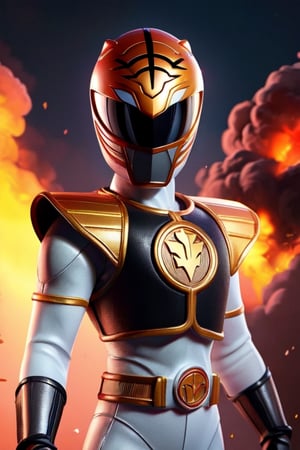 (CGI: 1.2), (Pixar: 1.2), 1man, White_Ranger, solo, black breastplate, detailed helmet and armor, city and explosions in background, detailed skin,perfect eyes,perfect skin ,detailed skin, (caricature: 0.2), cute big circular eyes,3DMM