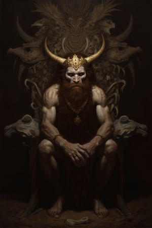 chiaroscuro painting, a prehistoric wildman,  wearing a bony crown, sitting on a throne made from animal bones, newhorrorfantasy_style, oil on canvas