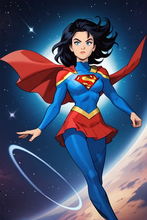 score_9,score_8_up,score_7_up, solo, 1woman, dressed as Supergirl, wavy black hair, blue bodysuit, (red short skirt: 1.2), red cape, floating, in space, earth background, rating_questionable, joinTheEvolution