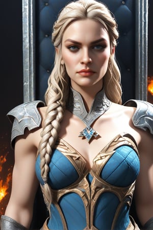 score_9,score_8_up,score_7_up, 3D fighting videogame render, 1woman, daenerys targaryen, braided hair, silver hair, emerald eyes color, confident expression, scale armor, powerful queen, flames dancing around her, mesmerizing gaze, dark background, iron throne, source_DC,  rating_safe, withoutLaw,more detail XL