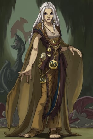 animation, a young woman, pale skin color, violet eyes, silver hair, braided, silver bells in her hair, slender, small breasts size, uncommonly beautiful, primitive garb, painted vest, riding leathers, barefoot, horsehair pants, woven grass sandals, medallion belt,  strong pose, inquisitor personality, a cave with dragons in background, joinTheEvolution