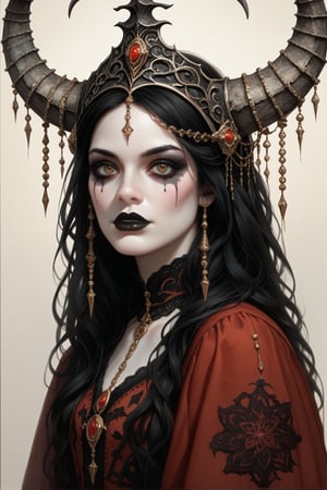 score_9,score_8_up,score_7_up, solo, chiaroscuro painting, 1woman, young, pale white skin color, facial tattoos, european, hazel eyes color, long black hair, black eyeshadow, black lipstick,  intricate embroidery black detailled makeup, slate grey horns with gold ornements that sweep majestically from her head,  intricate black lace headdres, featuring circular floral patterns interwoven with red chrisanthemum, wearing dark embroidery Gothic clothes, rating_questionable,newhorrorfantasy_style