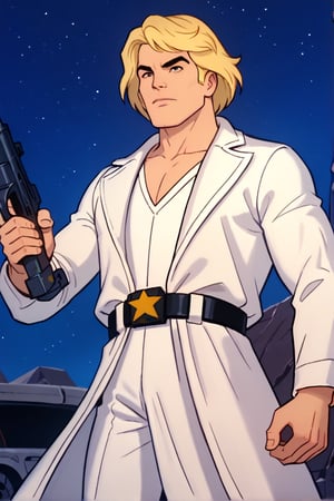 score_9,score_8_up,score_7_up, solo, 1boy, heroic, blonde, blonde eyebrows, white robe, futuristic safety belt, holding a blaster, night sky in the background, sci-fi setting, rating_questionable,megaPals