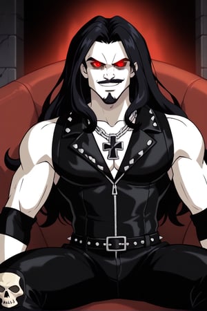 score_9,score_8_up,score_7_up, solo, 1man, huge bodybuilder, muscled, (pale white skin, glowing red eyes, no pupils, solid eyes, black eye shadow, black eye mascara, wavy hair, mesy long hair, black hair, moustache, full beard: 1.2), (black ragged rockeroutfit leather vest, sleeveless, open vest: 1.3), leather fingerless gloves, iron cross necklace, black leather belt with spikes, black leather pants, skull knee pads, chains, sitting in an armchair, evil expression, rage smile, showing teeth, savage character setting, graveyard interior in the background, pile of skulls in the background, rating_explicit, joinTheEvolution