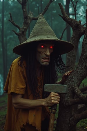 analog photo, A menacing goblin-like forest creature, normal skin color, sharp teeth, big pointed nose, glowing red eyes, sweet looking, wearing a tattered orange-brown tunic and a large, pointed hat, primal clothes, wiry black hair flows wildly from beneath its hat, holding a stone hammer, clings to a gnarled, twisted tree in a dark enchanted forest, midnight, fog,  fade film, 100mm photo, grainy, vintage, stained, highly detailed, 100NewMemories