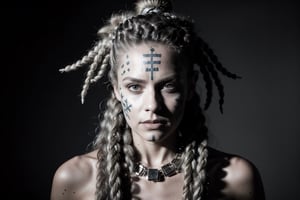 RAW photo, beautiful female warrior with grey hair, dreadlocks, shaman necklaces, with white face paint, (high detailed skin: 1.2), 8K, UHD, DSLR, soft lighting, high quality, film grain, vignette,NoirStyle