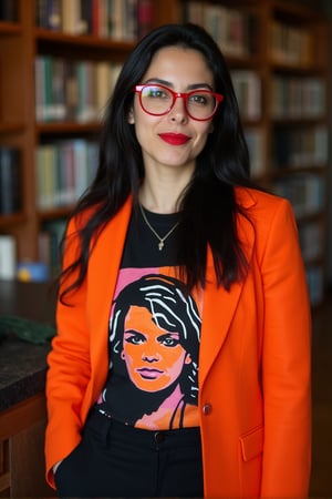 a woman, 38 years old, thin, long hair flows loosely over her shoulders, black hair, light green eyes, thin and defined eyebrows, a broad, well-defined forehead, pretty face, delicate featured face, bold red lipstick, round modern red glasses, orange blazer over a black t-shirt featuring an artistic print of a face with vibrant colors like orange, black, white, and pink, black pants, confident expression, library in the background, indoor, modern and stylish atmosphere, oldCoolNiko