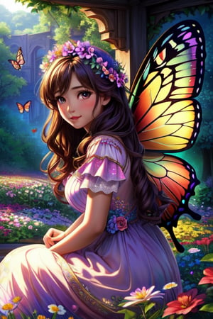 (best quality: 1.2), (masterpiece: 1.2), (realistic: 1.2), 1girl, a beautiful woman as a flower fairy, huge butterfly wings on her back, sitting on a flower, colorful intricate flower fairy dress, lush flower garden, on eye level, scenic, masterpiece