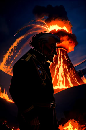 (best quality: 1.2), (masterpiece: 1.2), (realistic: 1.2), (detailed), a very old man, wearing military uniform, in front of an erupting volcano, serious expression,  Frank Frazetta artstyle, (masterpiece: 1.2), absurdres, HDR,
