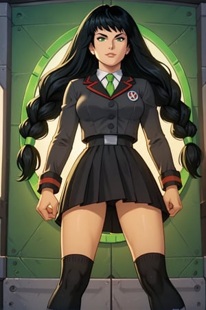 score_9,score_8_up,score_7_up, solo, 1woman, shiny, wavy long hair, two pigtails, black hair, dressed as a japanese waifu, black clothes with cyborg parts, biomechanical parts, female cyborg, japanese school female uniform,  knee socks, a room with holograms, interdimensional portal in the background, lime green lights, rating_questionable,megaPals