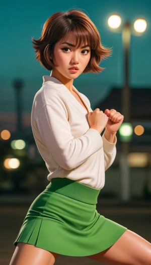 analog photo, model photoshoot, 1woman, japanese, short bob haircut, brown hair, brown eyes, wearing a white shirt, sweater vest, short sleeves, green skirt,  (standing: 1.2),  (karate kick: 1.3), (high detailed skin: 1.2), studio lighting, (city in the background, at night: 1.3), film garin, grainy, (masterpiece: 1.2),  retro, detailmaster2,,<lora:659095807385103906:1.0>