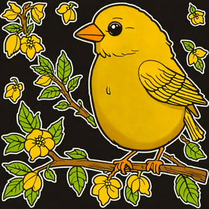 A vector illustration of a cute little canary, sticker design, isolated on black