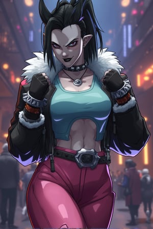 a very young woman, pretty face, pale white skin color, mohawk hairstyle, black hair, black lipstick, black eye shadow, punk earrings, cute smiling, light blue top, black fingerless gloves, plain black cropped jacket, open jacket, white fur trim, spiked bracelet, spiked choker, pink leather pants, knee pads skull shaped, studded belt, black thigh boots, rage pose, space cantina movie scene in the background, Dragon Ball anime style, key visual, vibrant, studio anime,  highly detailed, theContenderz