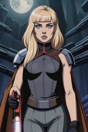 flat colors, lineart, a young woman, blonde, with bangs, shoulder-length hair, light-blue eyes, grim face expression, thin, wearing a brown robe, gray sleeveless armor pants, holding a red sith lightsaber with both hands, planet Endor in the background perfect eyes, (detailed eyes), sharp focus,<lora:659111690174031528:1.0>