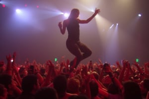 a woman crowd surfing in a concert, black tanktop,  oldCoolNiko